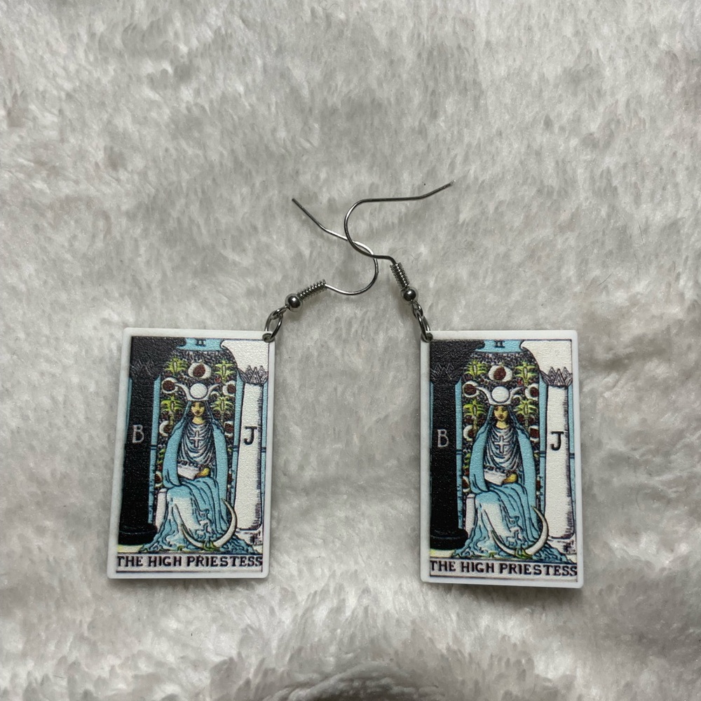 Wood Tarot Card High Priestess Rectangular Drop Earrings